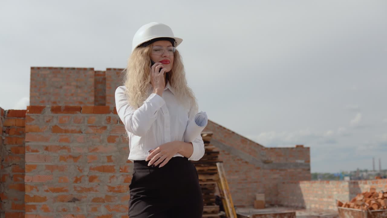 Female architect in business attire stands in a newly built house and talking on the phone. Modern technologies in the oldest professions