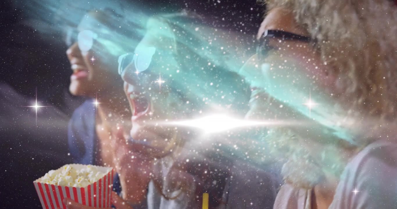 Cosmic nebula sweeping left pulling three women nibbling popcorn and sipping drink in entertainment