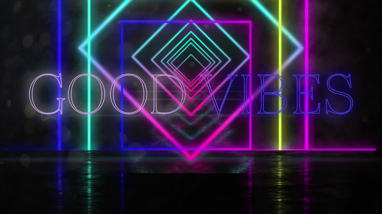 Animation of good vibes text over neon shapes on black background