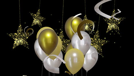 Animation-of-gold-and-silver-balloons-with-party-streamers-on-black-background