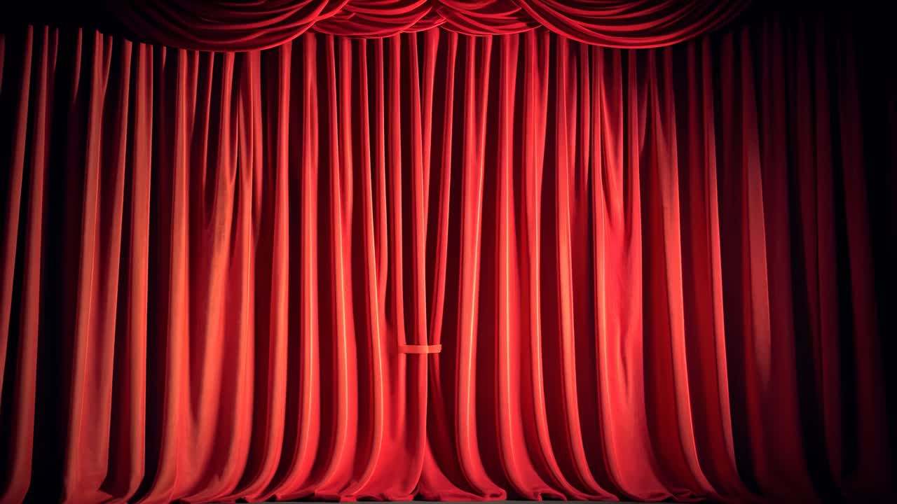 Video drammatico con angolazione dal basso di eleganti tende rosse di un teatro, che cattura l'attesa
