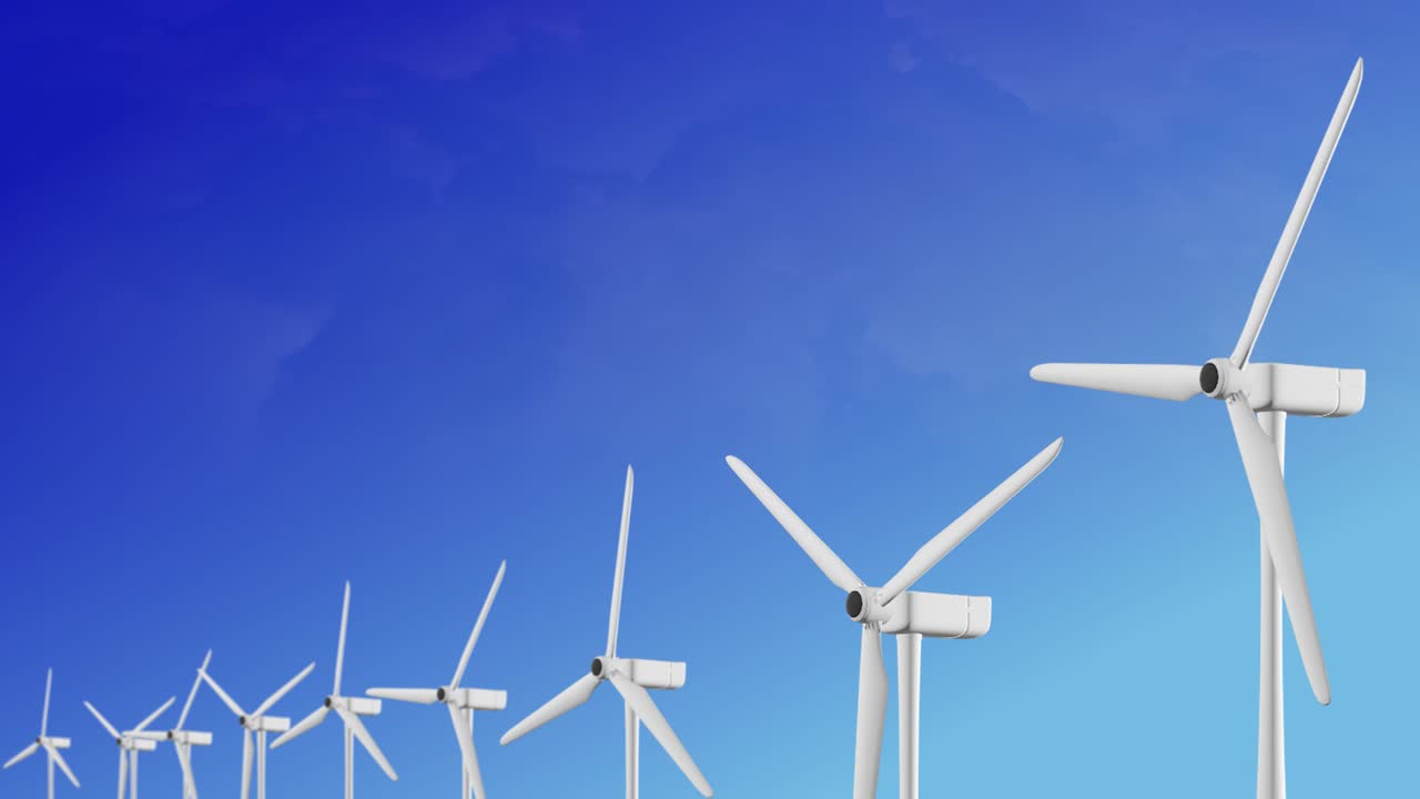 Wind turbines in a farm generating renewable electrical energy in environmentally friendly power