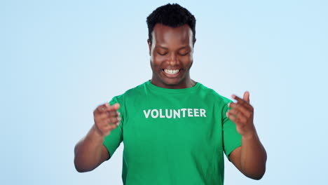 Black-man,-volunteer-and-face-for-pointing