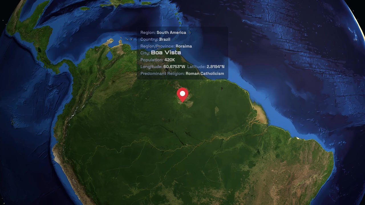 Digital globe rotates and zooms into South America, highlighting Boa Vista with demographic data overlay