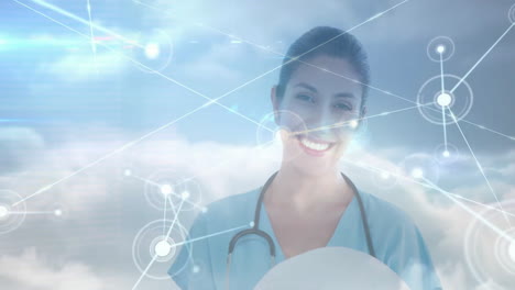 nurse wearing stethoscope smiling under cloudy sky, showing network nodes and digital connectivity
