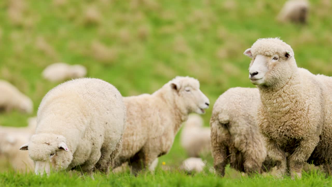 Several sheep and lambs graze and interact in a lush green field under soft natural daylight, with a shallow depth of field and gentle camera movement