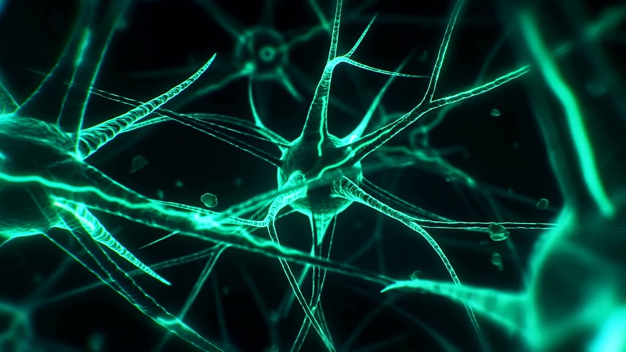 Abstract luminous green neuron-like lines and nodes spread across a dark background, forming a dynamic digital pattern with a bright cluster on the left