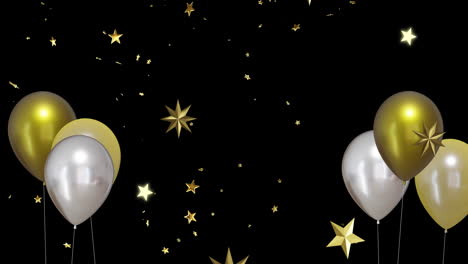 animation of gold and silver balloons with stars on black background