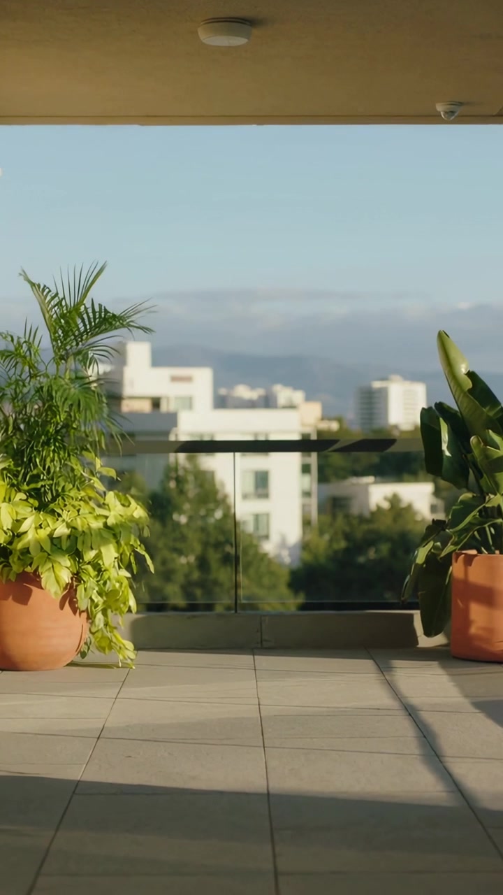 Video verticale: Registrazione di un balcone di casa che mostra una ringhiera di vetro, vasi, foglie che si muovono per la brezza, luce