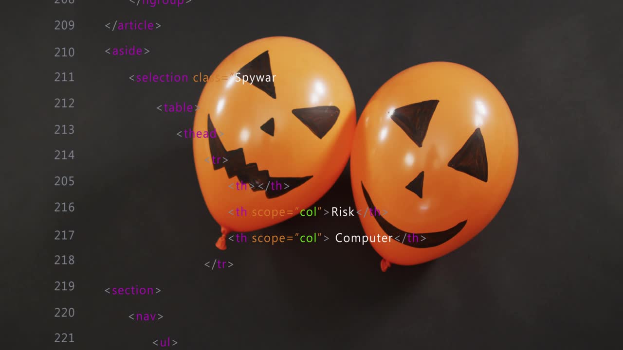 HTML code snippets appearing over jack-o'-lantern balloons, building cyber security table layout