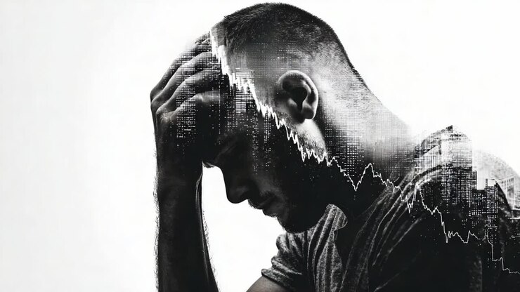 A Struggling Individual Confronts Internal Turmoil and Economic Challenges Represented by Declining Graphs in a Powerful Double Exposure Image