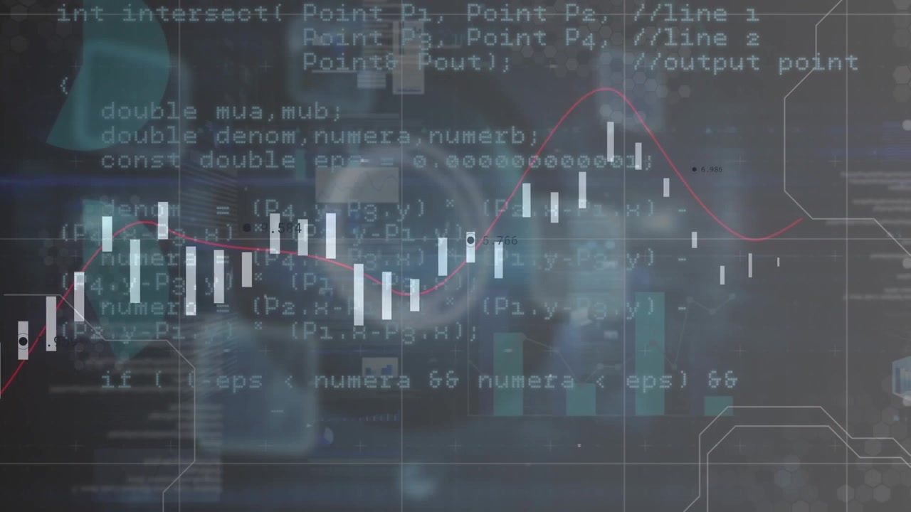 Animation of data processing over grid network against blue background