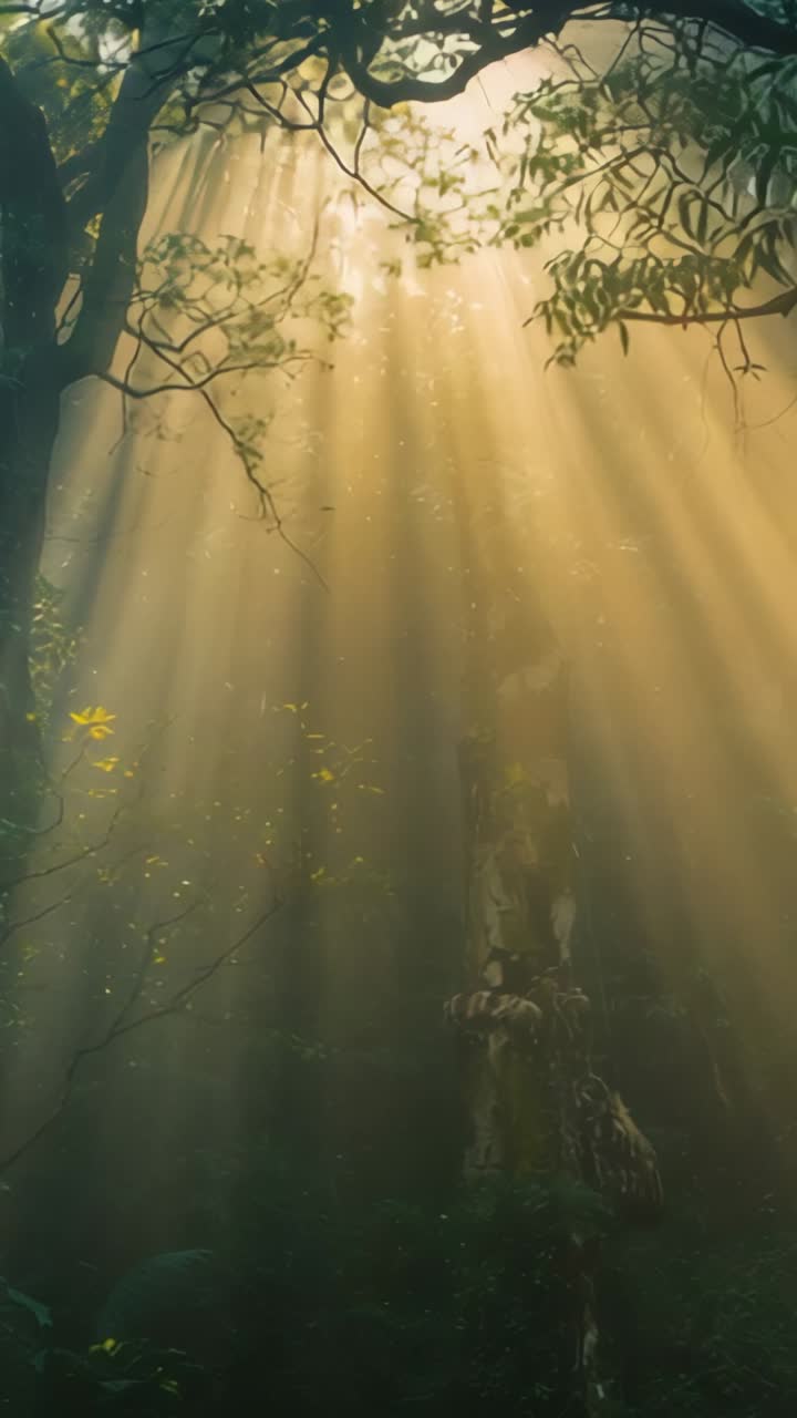 Vídeo vertical: movimento panorâmico da câmera em uma floresta, com raios de sol revelando folhas de palmeiras e tronco musgoso
