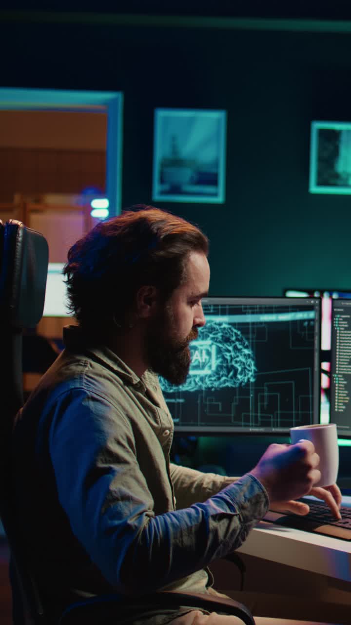 Man Drinking Coffee While Coding Artificial Intelligence on Multiple Screens