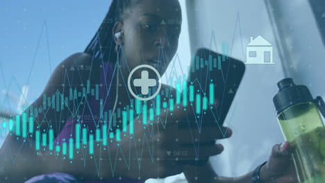 animation of icons over african american female athlete holding bottle and scrolling on cellphone