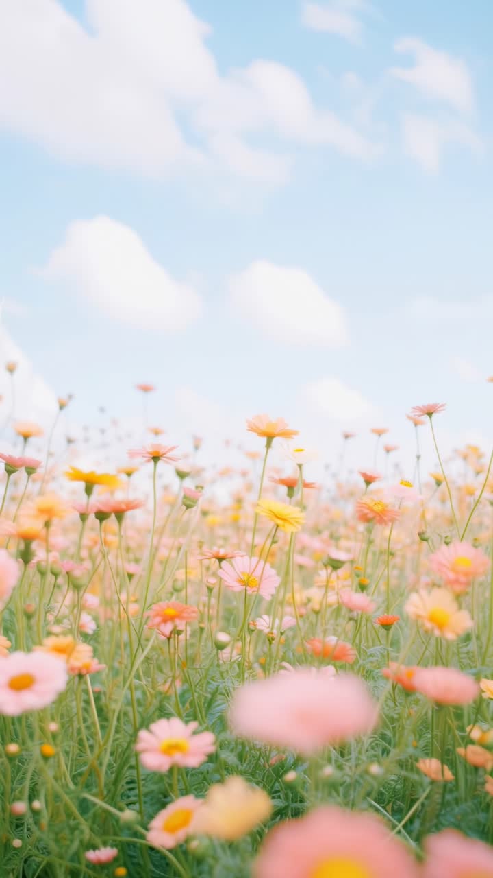 Low-angle video of vibrant wildflowers against a bright blue sky, capturing a serene, natural