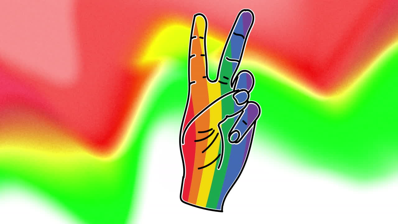 Animazione di una mano arcobaleno che fa il segno della pace su sfondo rosso, verde e bianco