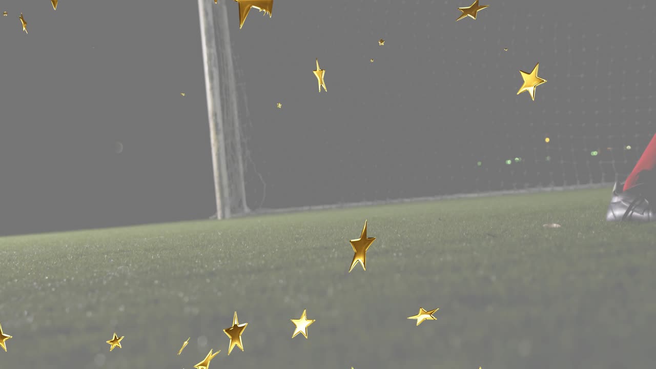 Footballer tapping soccer ball and guiding it before striking toward goal as golden stars drifting