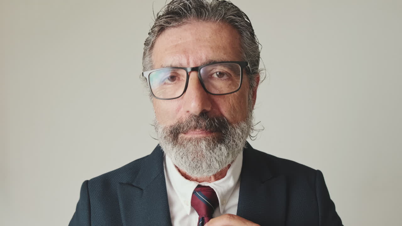 Mature Businessman Adjusting Tie and Smiling at Camera