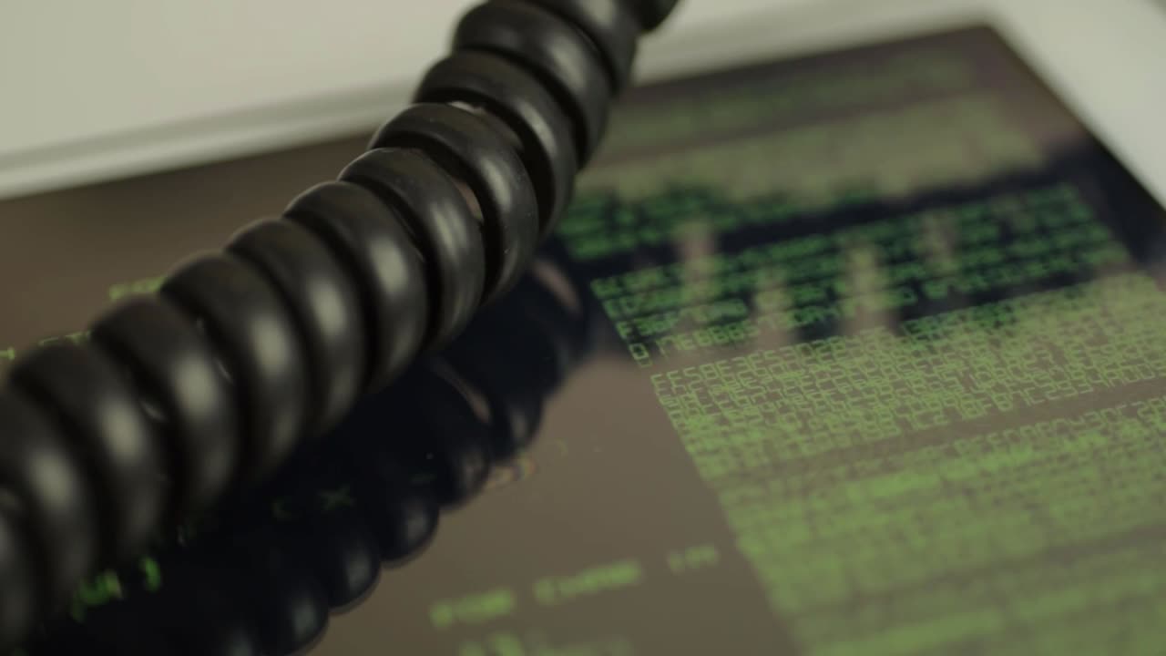 Black phone cord with code running on a screen