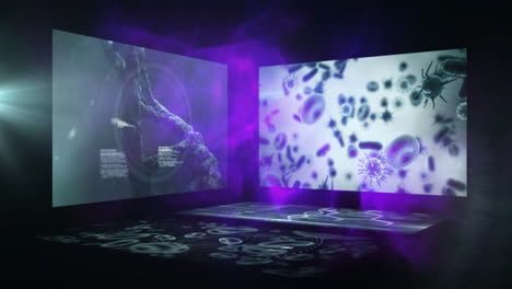 Animation of DNA and microscopic organisms on digital screens in futuristic school