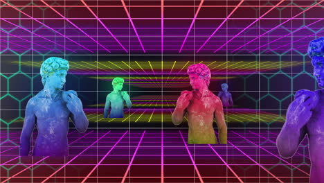 animación de estatuas masculinas multicolores con patrón de cuadrícula contra un fondo abstracto