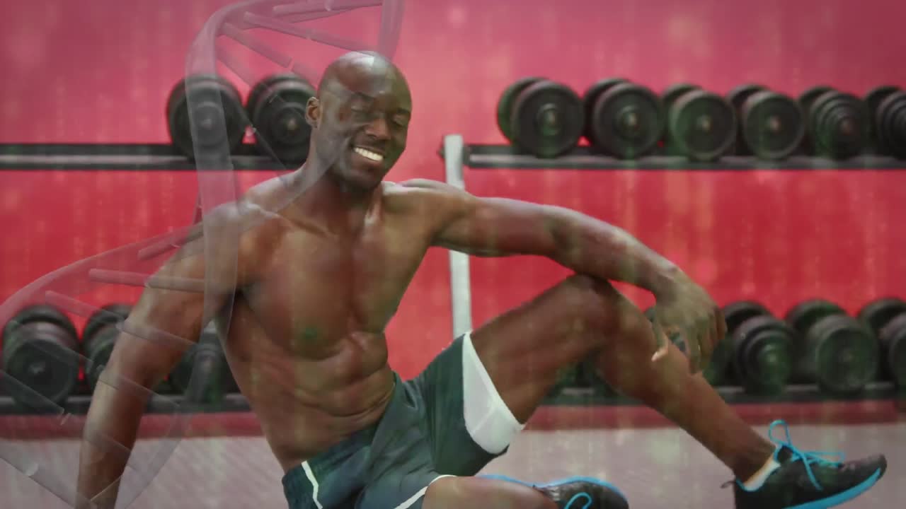 animación de la interfaz digital con cadena de adn giratoria y procesamiento de datos sobre el deportista