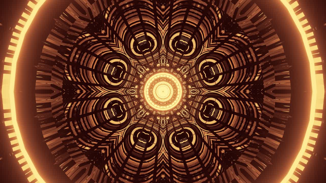 gráficos en movimiento computarizados de formas y patrones de color dorado que se emiten desde el centro