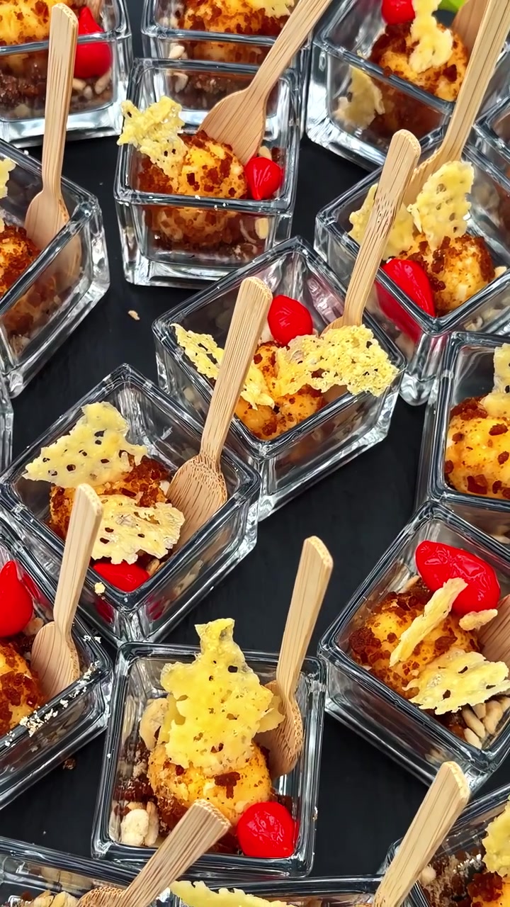 Dolcetti serviti in piccole coppe di vetro per la festa. - Scatto verticale.
