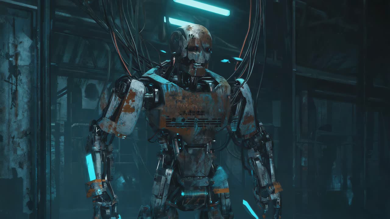 Rusty Cyborg Robot with Glowing Red Eyes in a Dark Industrial Setting