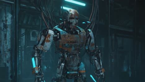 rusty cyborg robot with glowing red eyes in a dark industrial setting