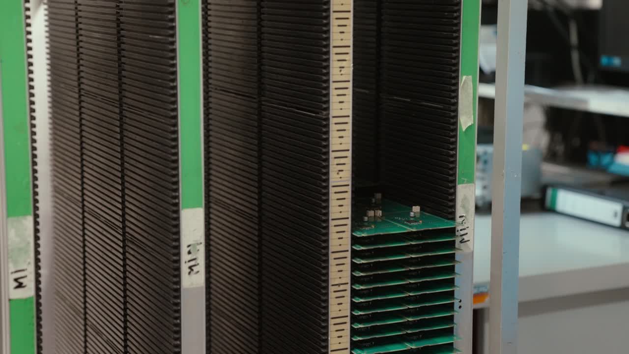 Circuit boards stacked in a rack, captured in slow motion, tech concept
