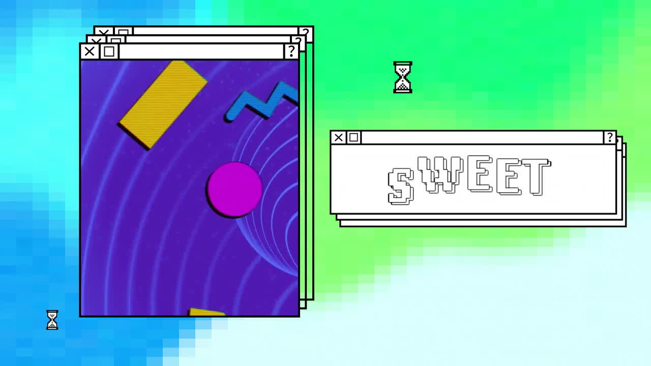 Animation of sweet text over computer screens and vibrant background