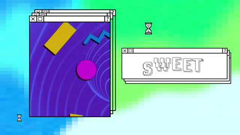 animación de texto dulce sobre pantallas de computadora y fondo vibrante