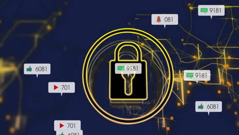 animación de iconos de redes sociales flotando sobre el icono del candado de seguridad contra un fondo azul