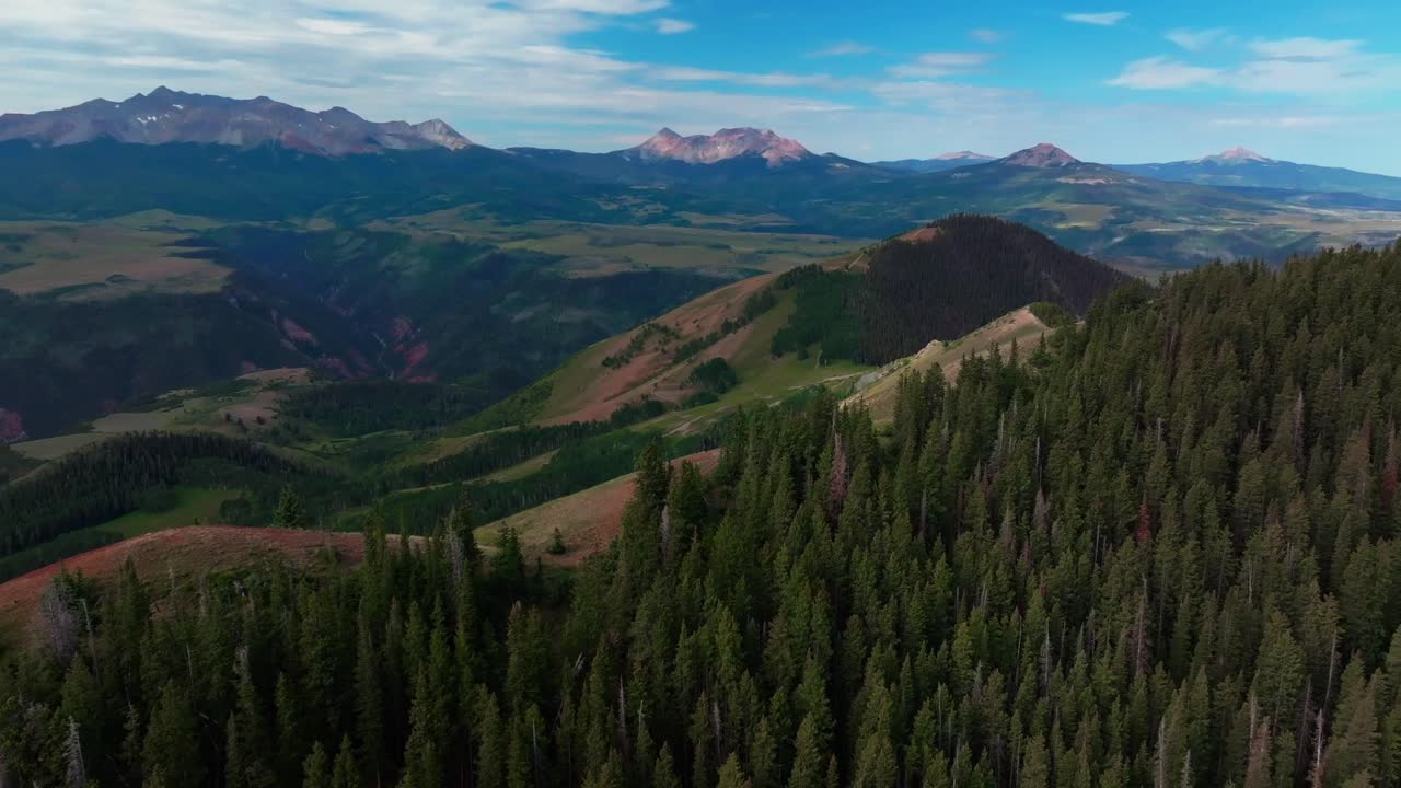 Summer Last Dollar Road aerial drone Telluride airport four wheel drive Box Canyon Colorado Mount Sneffels Wilderness San Juan Rocky Mountains Uncompahgre Forest blue sky landscape circle right motion