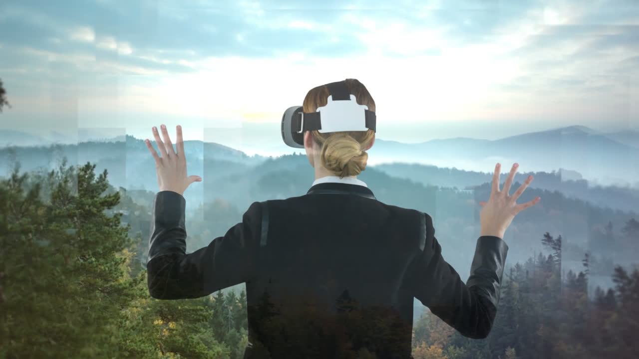 mujer utilizando vr y paisaje forestal