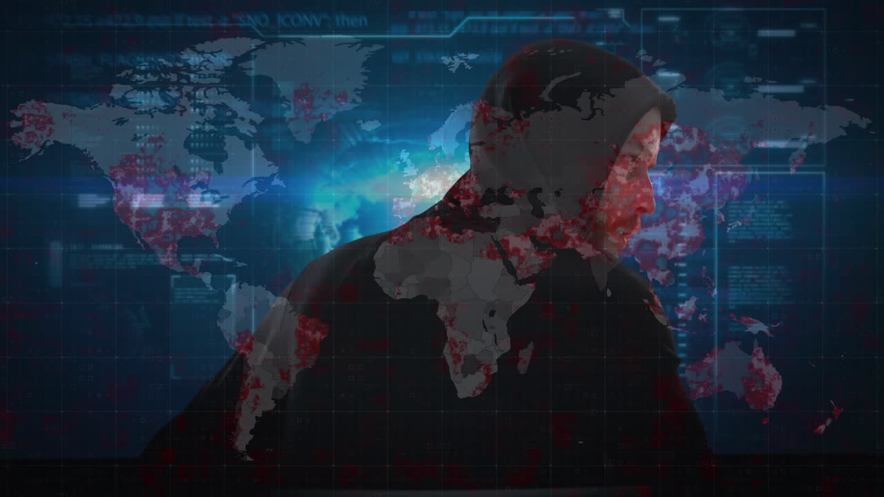 animación del procesamiento de datos sobre un hacker con una computadora portátil