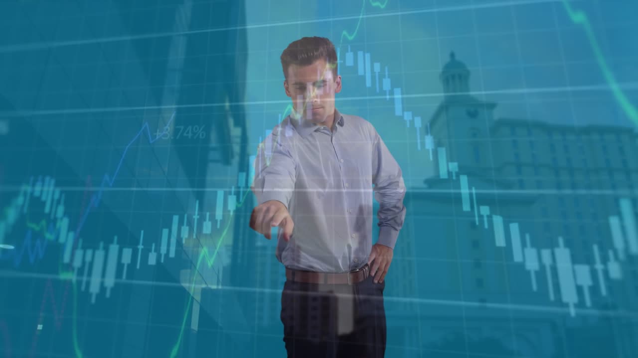 Animation af finansiel databehandling over kaukasisk forretningsmand