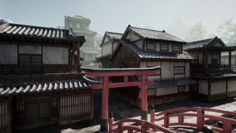 Japanese Village with Torii Gate and Red Bridge