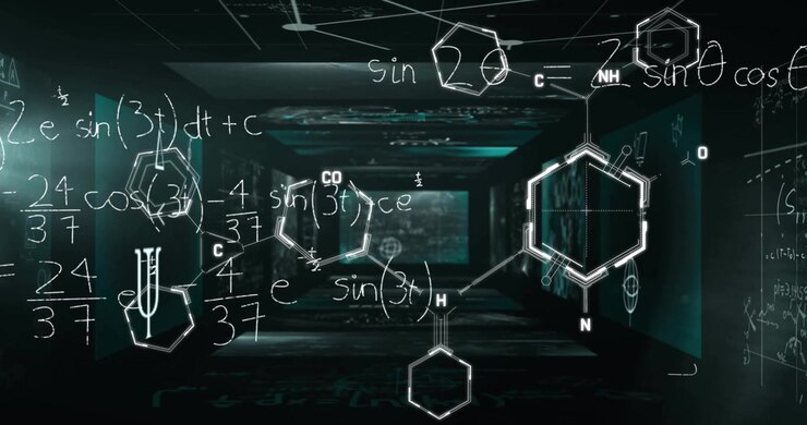 Animation of chemical formula over mathematical equations and figures