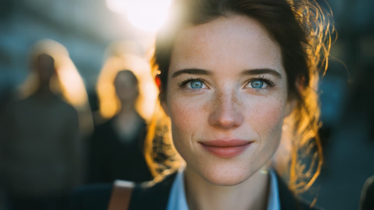 A Captivating Portrait of a Woman with Striking Blue Eyes Surrounded by a Glimmering Background, Embracing the Essence of Confidence and Beauty