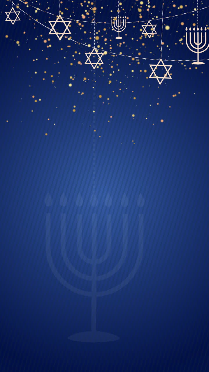 Animated graphic icons symbols of Judaism on blue abstract background with particles. Star of david and menorah jewish symbols. Looped motion graphics. Vertical video.