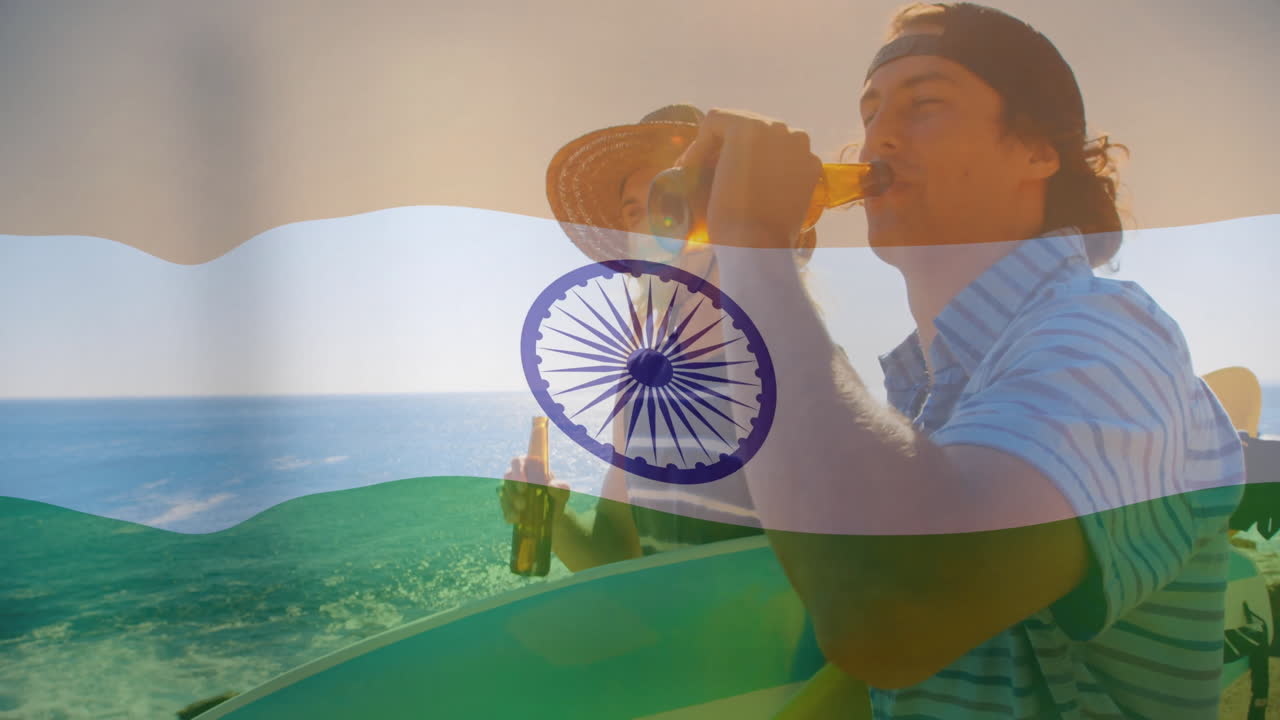 On boat, people holding drinks with Indian flag animation overlay in background