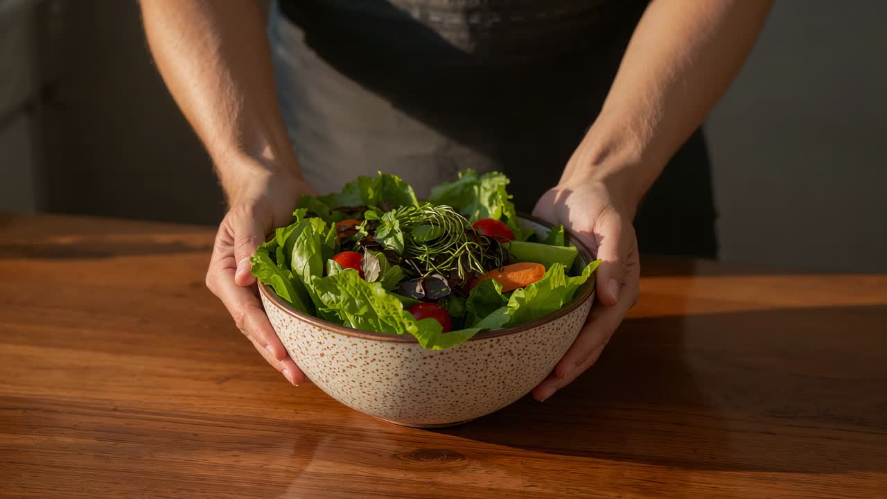 Cuoco con grembiule scuro che appoggia una ciotola di ceramica maculata su un tavolo da cucina in legno, servendo l'insalata