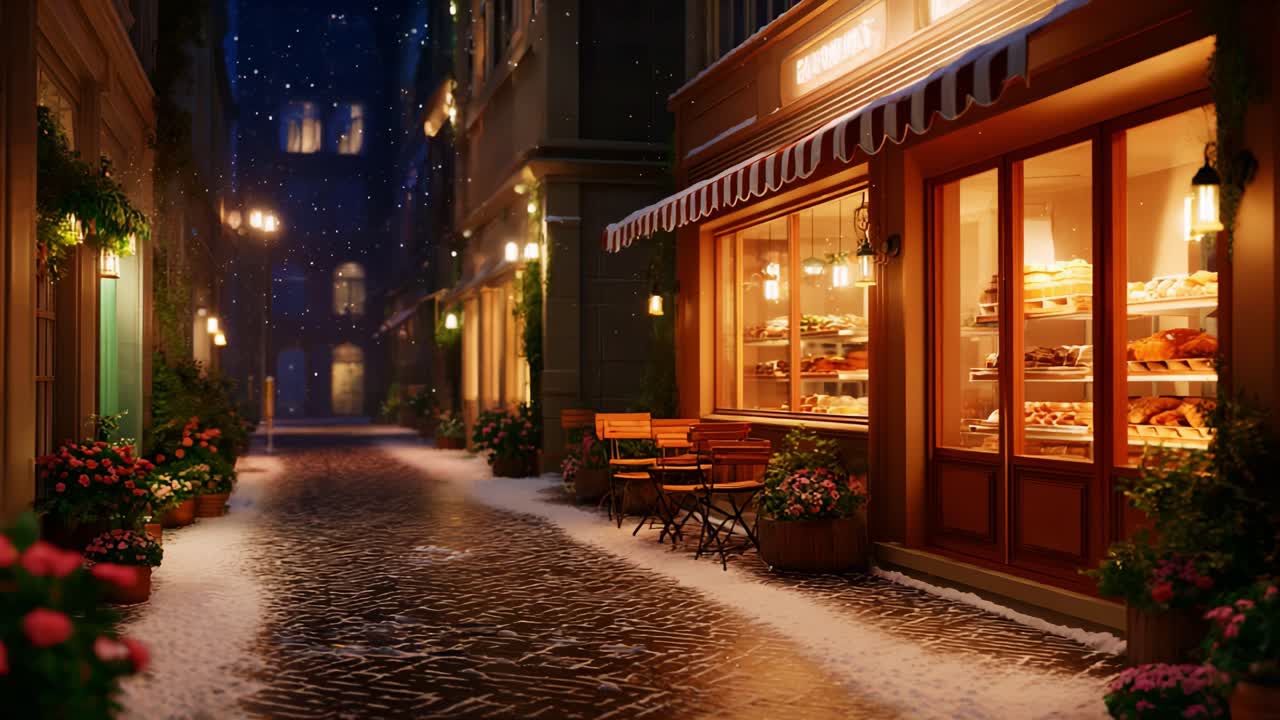 Charming Winter Evening in a Cozy Bakery Alleyway, Illuminated by Warm Lights and Decorated with Beautiful Flower Pots, Creating an Inviting Atmosphere Perfect for Strolling and Enjoying Treats