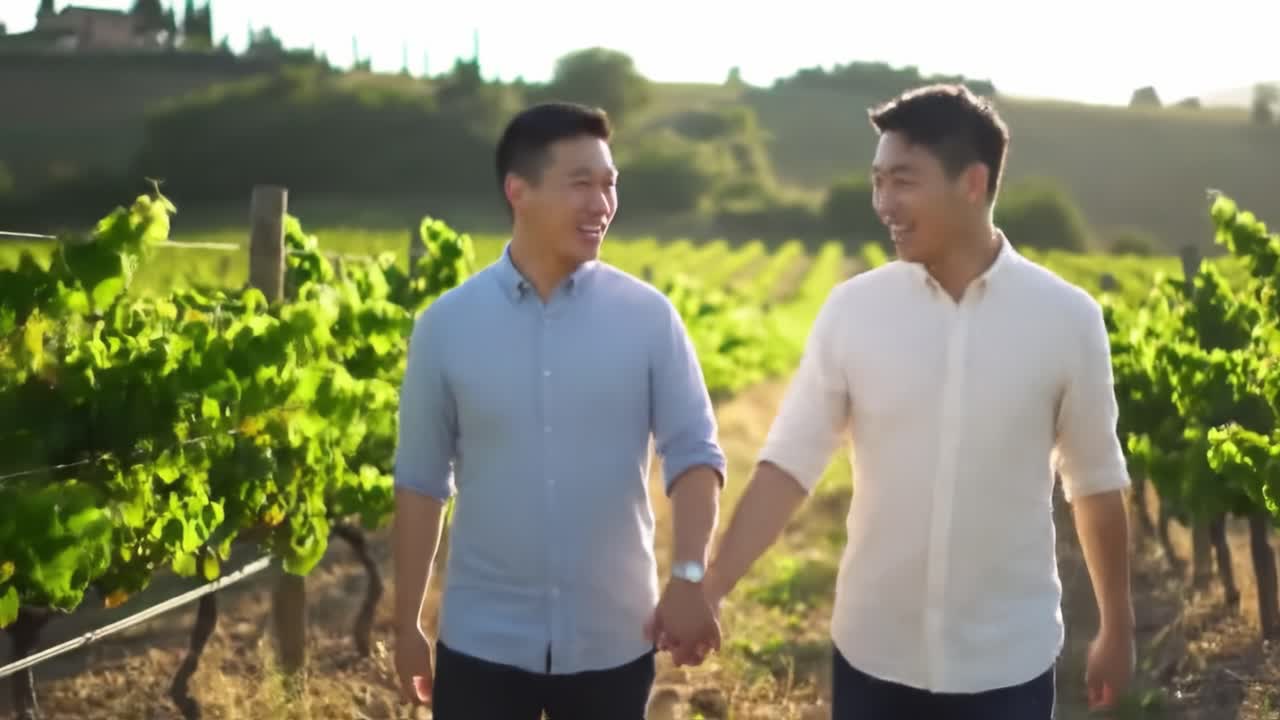 Two Friends Enjoying a Scenic Walk Through a Vibrant Vineyard, Embracing Nature and Friendship Amidst Lush Green Vines and Sunlit Hills