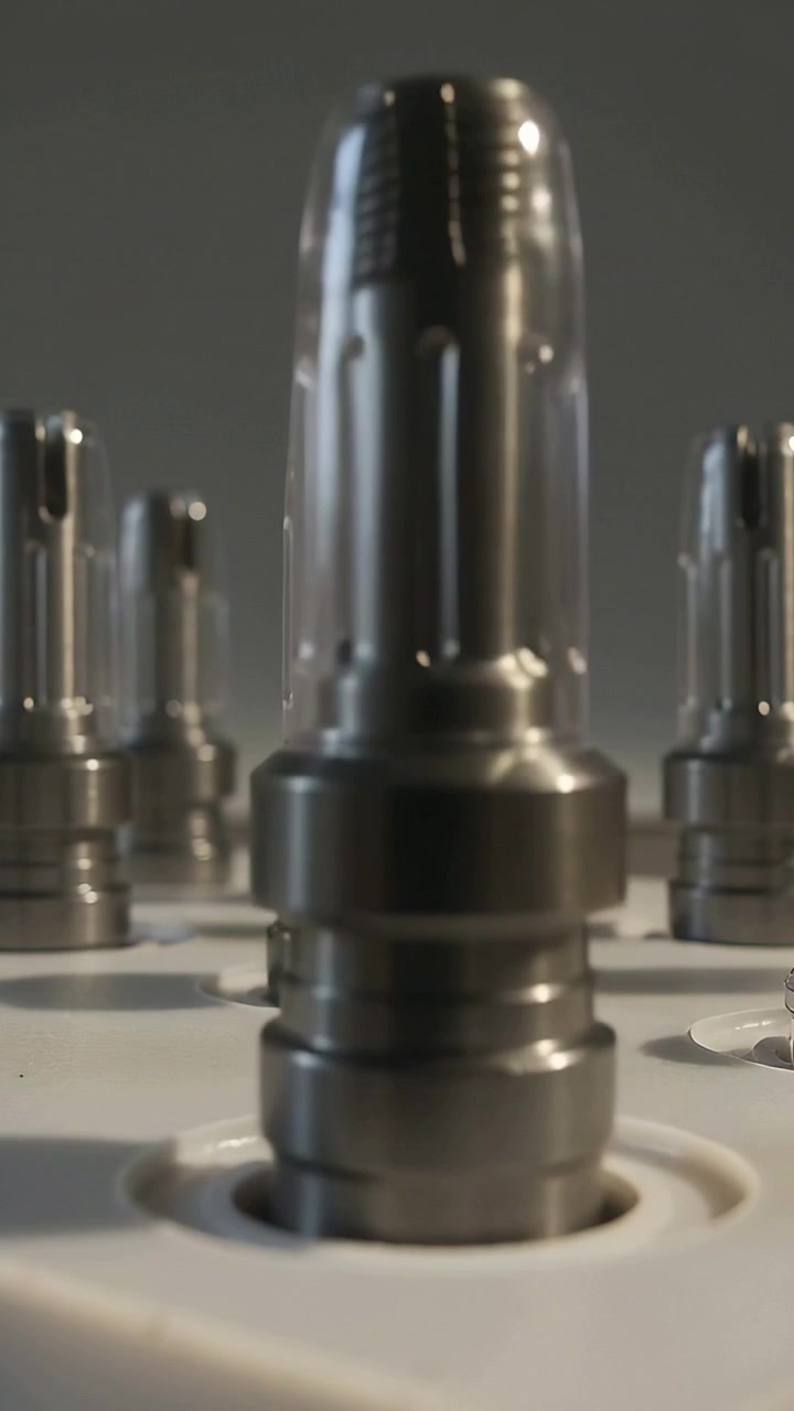 Video verticale: La telecamera in movimento mostra un perno metallico in un vassoio bianco su un banco da studio, rivelando scanalature
