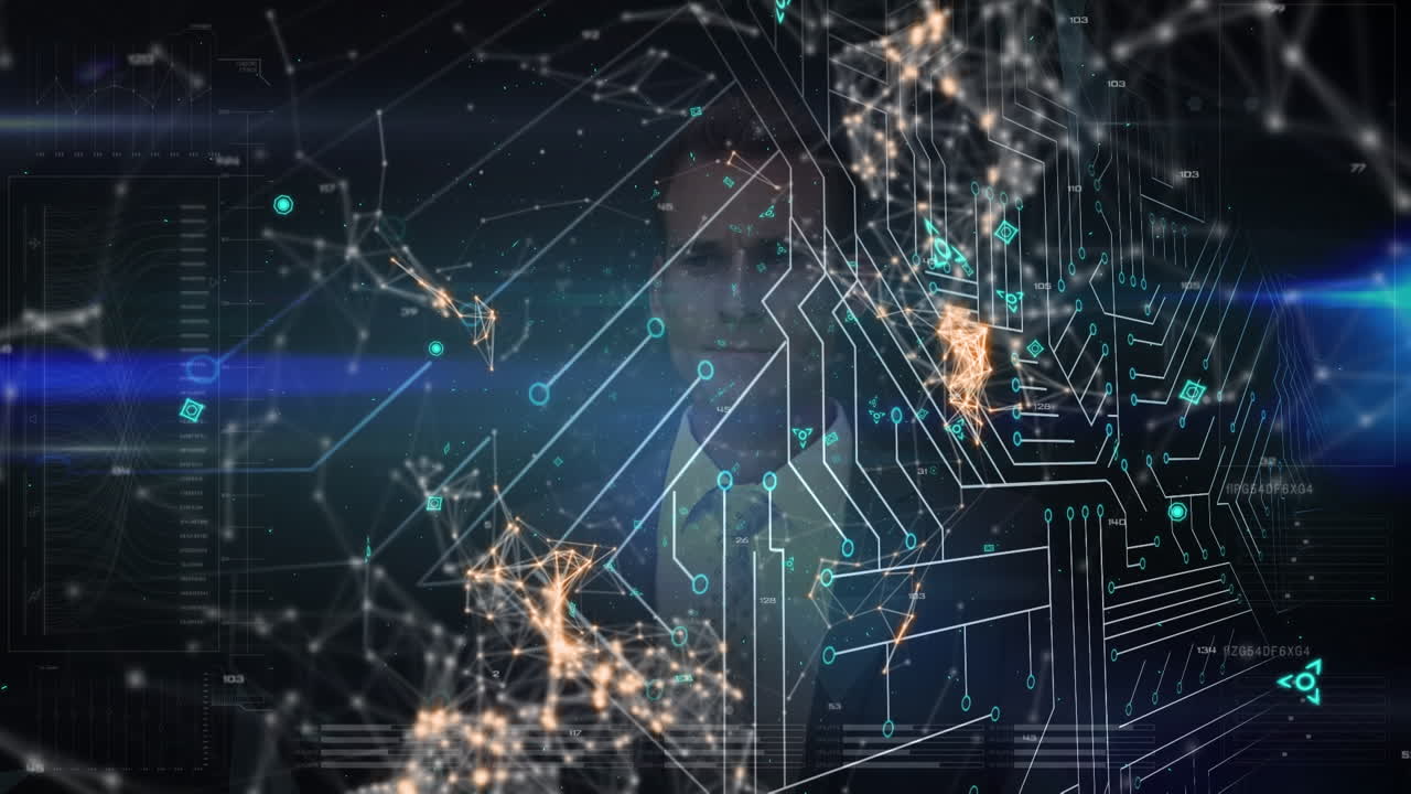 Animation of network of connections and icons over dark background