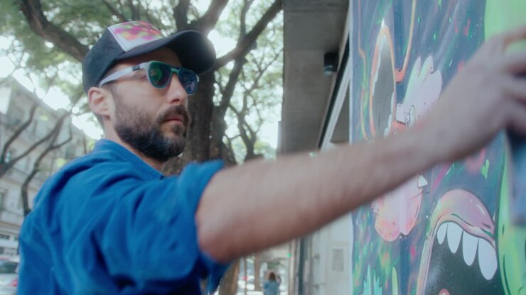 Artista che disegna graffiti su un muro stradale